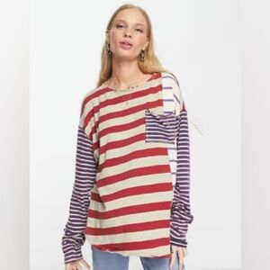 We The Free Mixed Print Long Sleeve Top T-Shirt Size Medium Relaxed striped